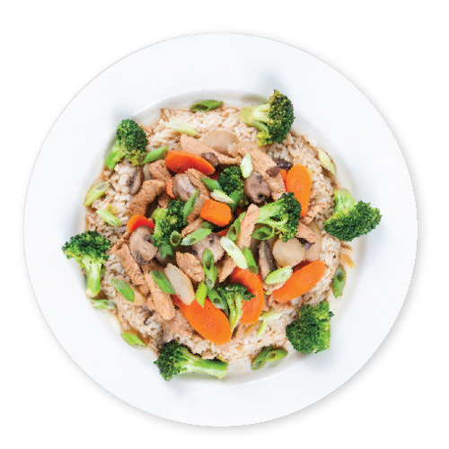 a dinner plate containing a healthy stir fry, filled with vegetables, chicken and wholegrain rice.