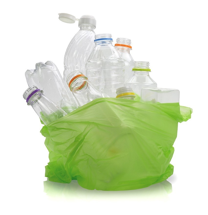 plastic bag filled with plastic drinking bottles