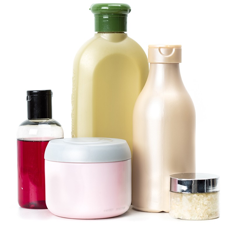 Bottles and jars of cosmetic and toiletry products