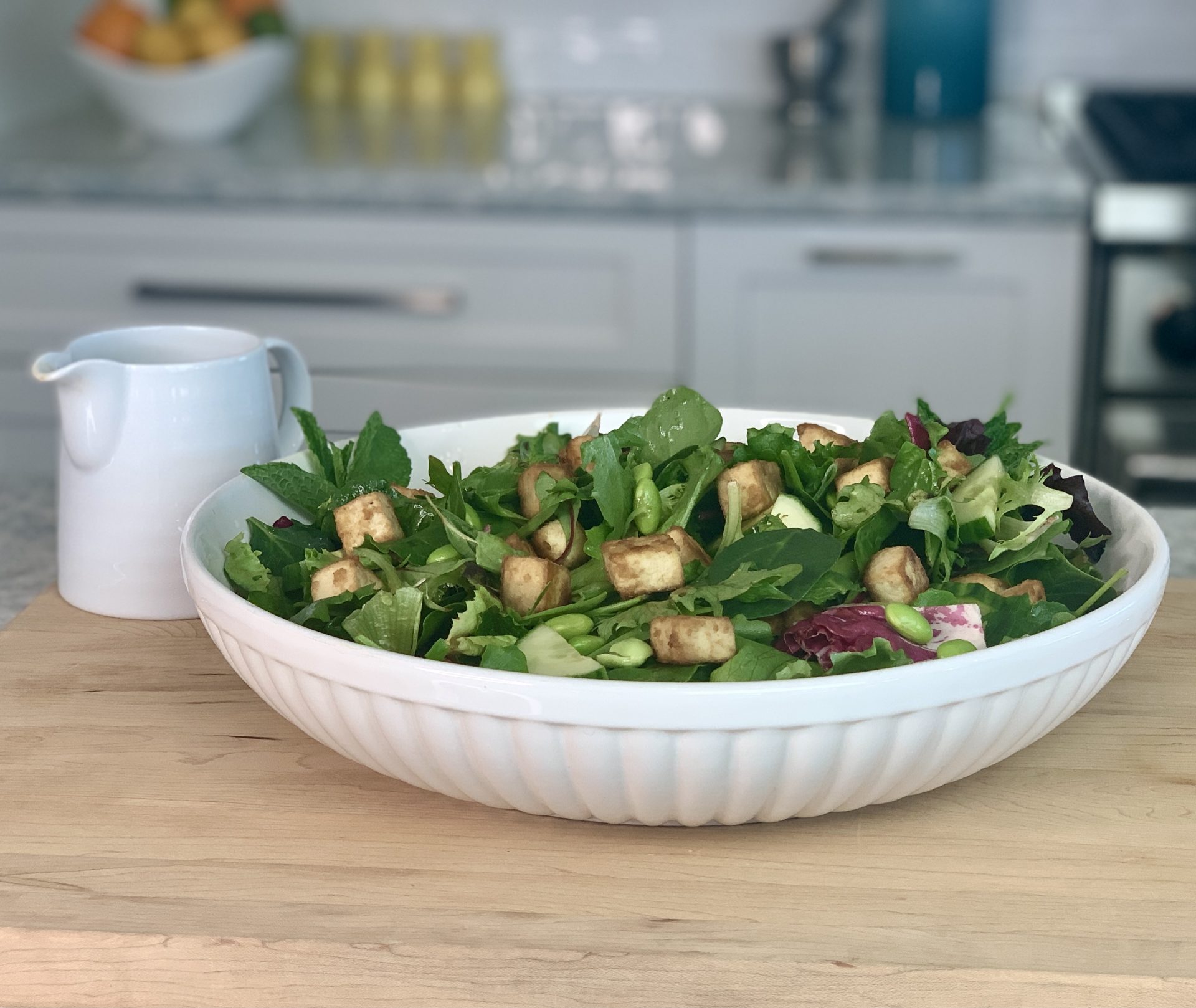 Spring Salad with Edamame, Cucumber, Snow Peas and Tofu Croutons - American Institute for Cancer Res