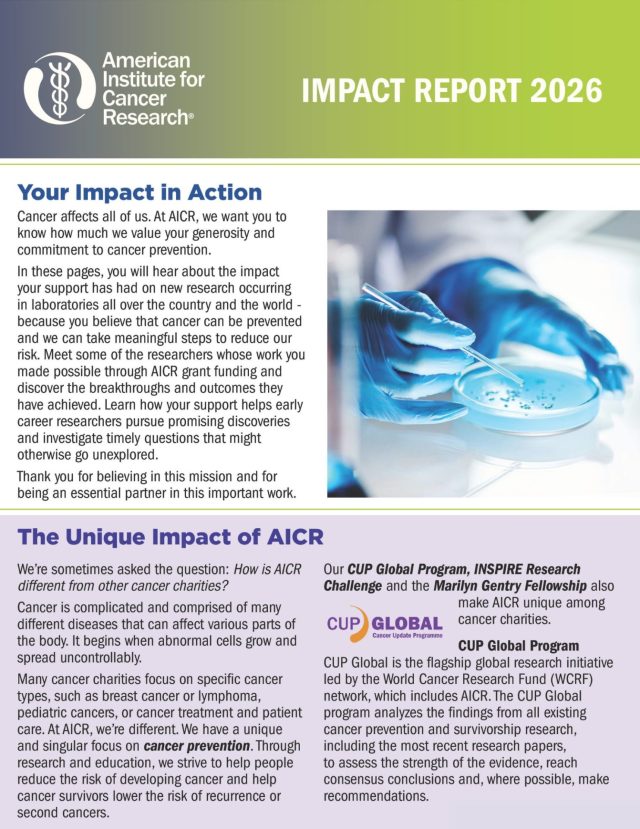 2026 Impact Report Page1 Cover and introduction of the American Institute for Cancer Research (AICR) 2026 Impact Report highlighting how donor support advances cancer prevention research.