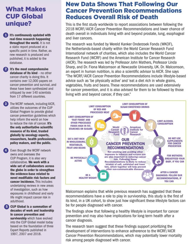 2026 Impact Report Page 2 AICR 2026 Impact Report page describing the CUP Global program, cancer prevention recommendations, and research linking healthy lifestyle habits to improved cancer outcomes.