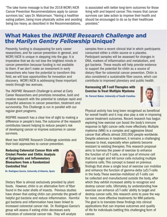 2026 Impact Report Page 3 AICR 2026 Impact Report page featuring the INSPIRE Research Challenge, Marilyn Gentry Fellowship, and innovative cancer prevention research projects.