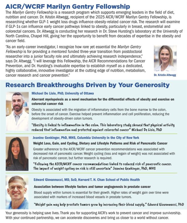 2026 Impact Report Page 4 AICR 2026 Impact Report page highlighting research breakthroughs made possible through donor support and advances in cancer prevention research.